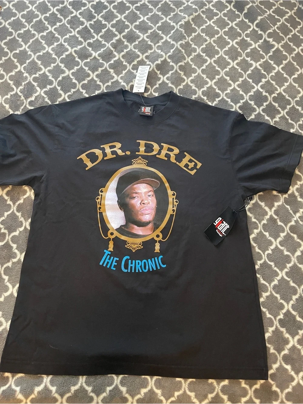 Vintage Black Dr. Dre ‘The Chronic’ Graphic Tee with Gold and Blue Print